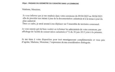 Avis de passage  Géomètre du cadastre Commune de Cornillon-Confoux